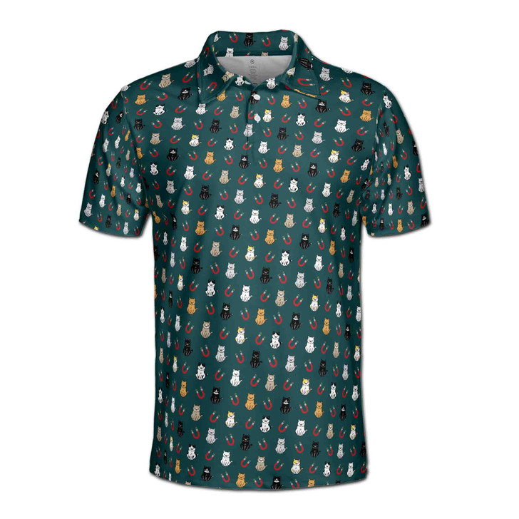 Funny Dark Tiny Pet Cute Cat Magnet Doodle Golf Men's Polo Shirt S-5XL