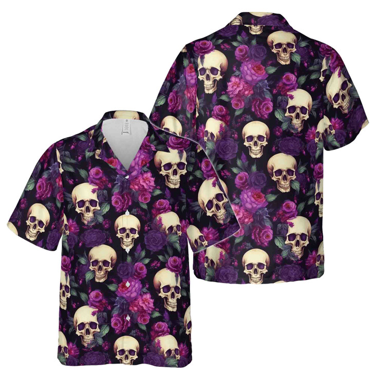 Colorful Ghostly Skull Purple Flower Pattern Hawaiian Shirt S-5XL