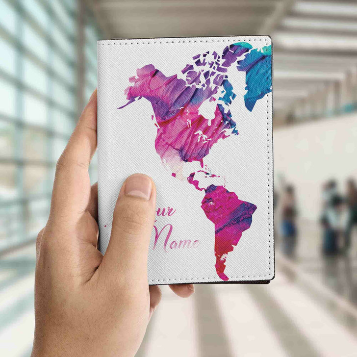 World Map Marble Your name on Passport Holder PU Leather Cover For Woman
