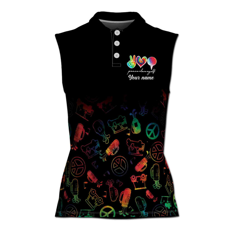 Custom Name Peace Love Golf LGBTQ Pride Rainbow Golf 3d Women Sleeveless Polo Size Xs-4xl