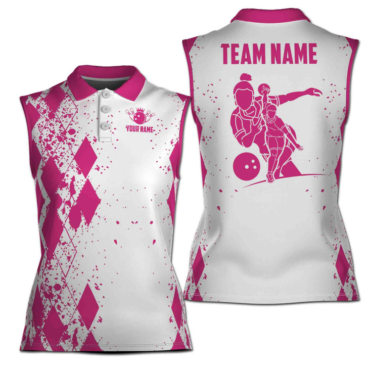 Personalized Hot Pink Argyle Color Lady Play Bowling Women Sleeveless Polo S-5XL