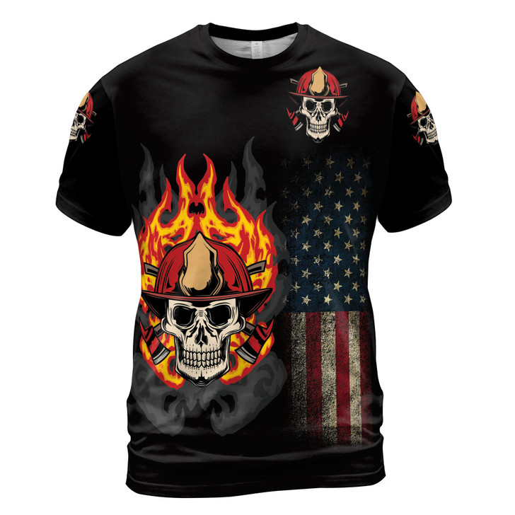 Skull Firefighter First In Last Out Grunge Men's T-shirt S-5XL