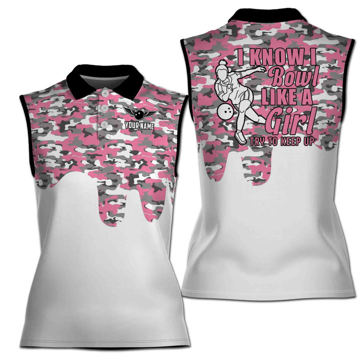 Custom Name Pink Camo I Know I Bowl Women Sleeveless Polo S-5XL
