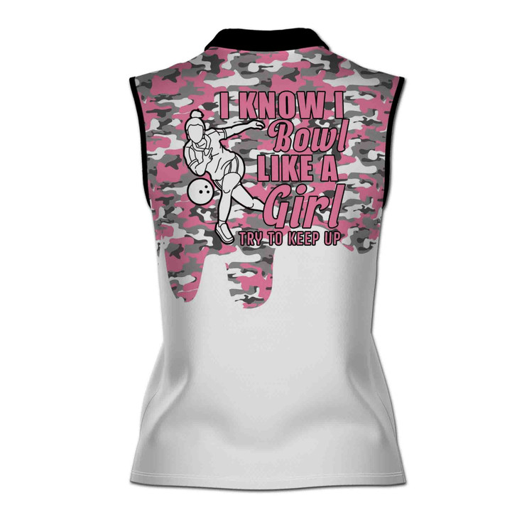 Custom Name Pink Camo I Know I Bowl Women Sleeveless Polo S-5XL