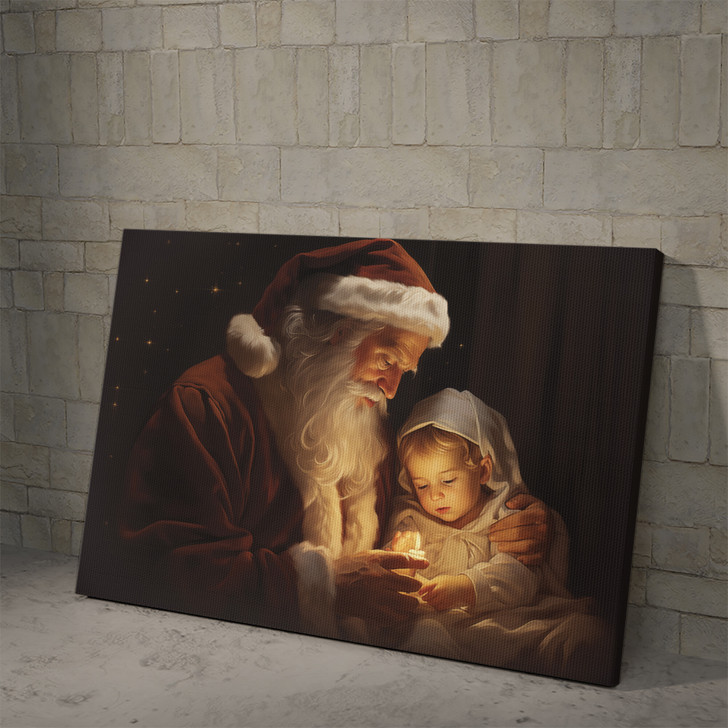 Santa Claus Praying to Baby 2, Nativity Infant Christmas Poster and Canvas