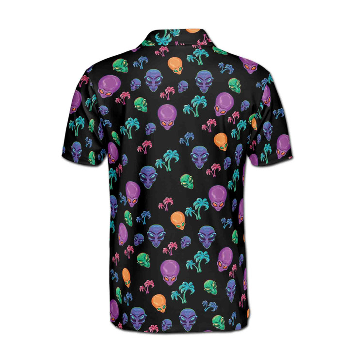 Funny Neon Alien and Palm Tree Tropical Men's Polo Shirt S-5XL