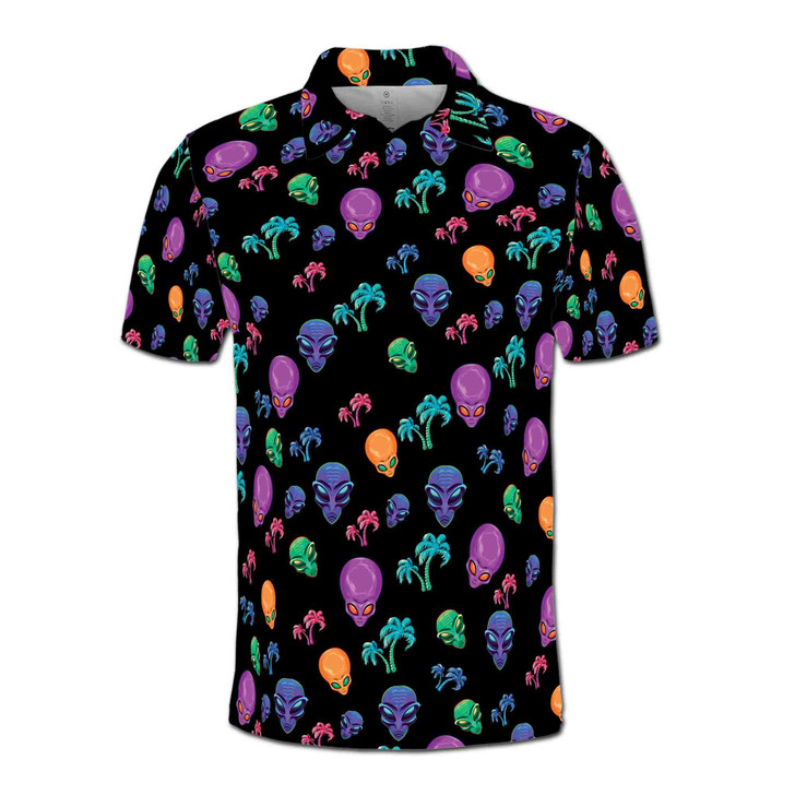 Funny Neon Alien and Palm Tree Tropical Men's Polo Shirt S-5XL