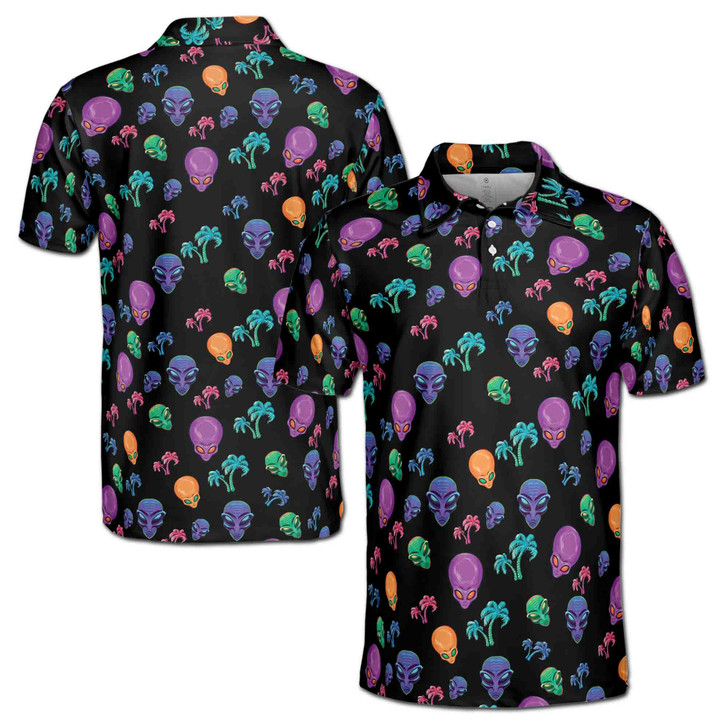 Funny Neon Alien and Palm Tree Tropical Men's Polo Shirt S-5XL