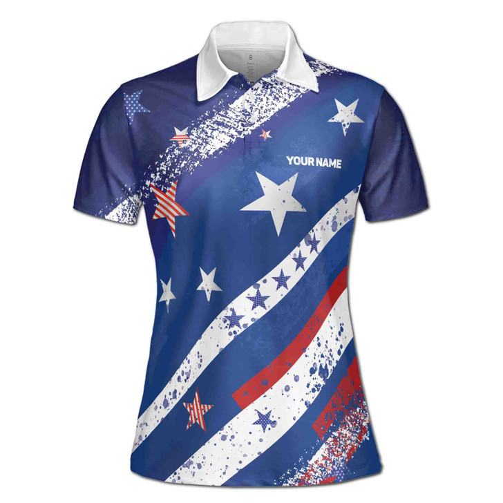 Custom Name Blue Star Patriotic America Women's Polo Shirt S-5XL