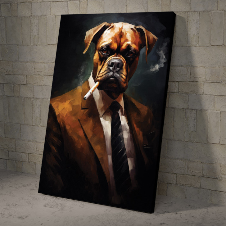 Cool Boxer Dog Wearing Suit with Pipe Wall Art, Gentleman Dog Poster and Canvas