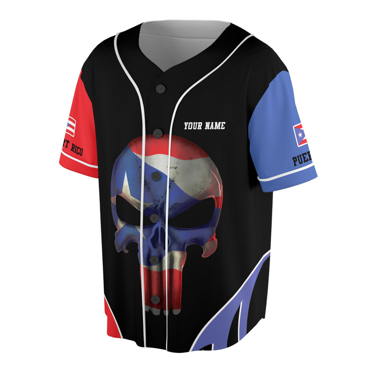 Custom Name Patriotic Puerto Rico Flag Pattern Skull Baseball Jersey S-5XL