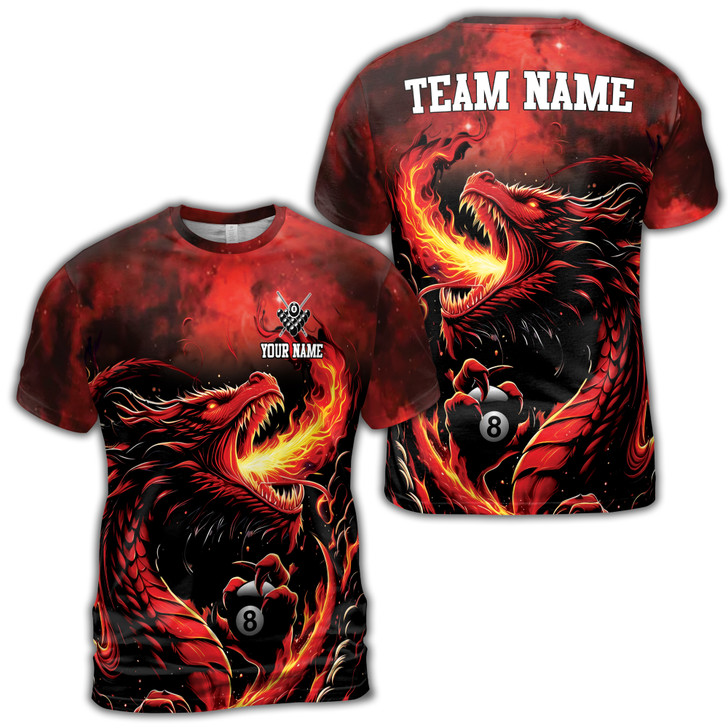 Custom Name Fire Dragon Billiard Passonate Player Men's T-shirt S-5XL