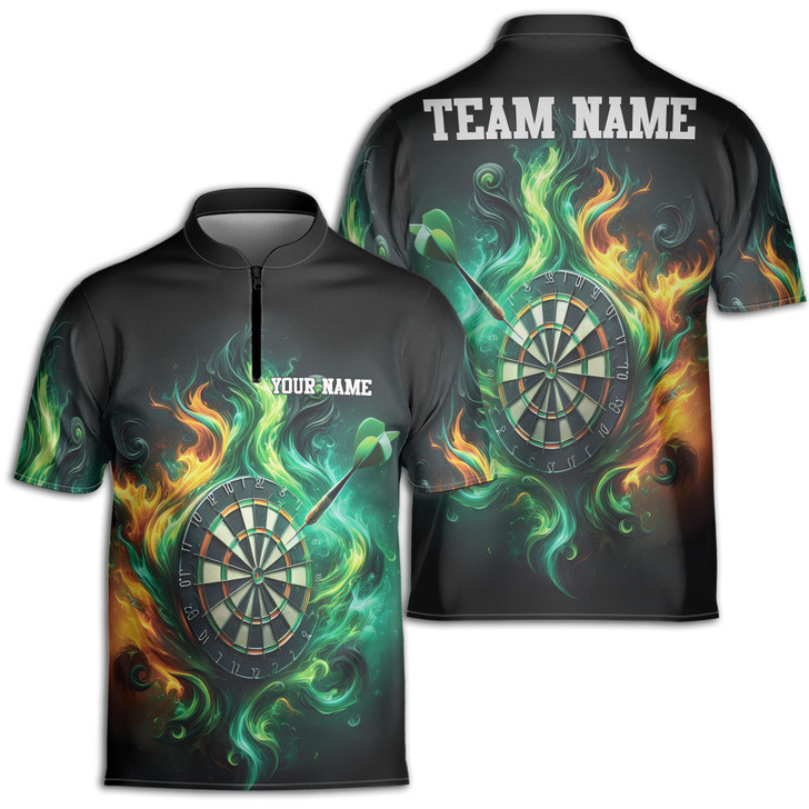 Personalized Green Flame With Darts Board Zipper Polo S-5XL