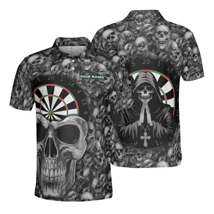 Custom Name Dart Shirt Dartboard Mystical Skull Design Men's Polo S-5XL