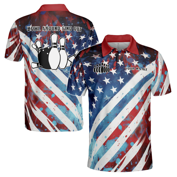 Custom Name Bowling Bowl Around Find Out American Flag Colors Men's Polo S-5XL