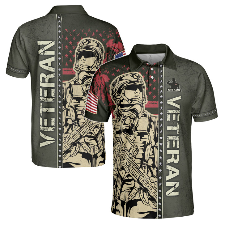 Custom Name Veteran American Soldier America Patriotic Men's Polo S-5XL