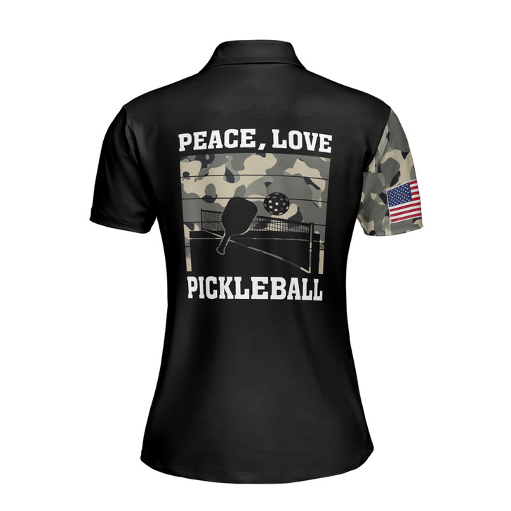 Custom Name Peace Love Pickleball America Flag Skull Camo Women's Polo Shirt S-5XL