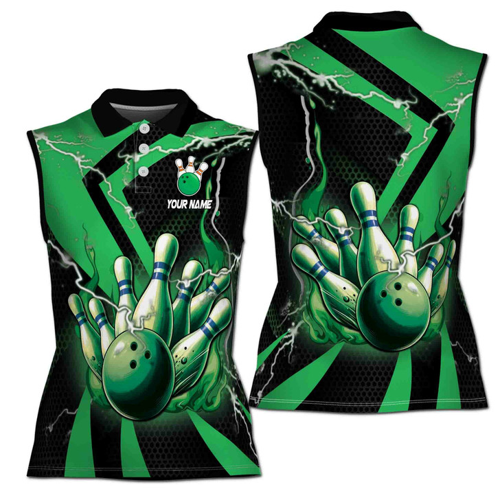 Custom Name Green Flaming Bowling Ball & Pins Women's Sleevesless Polo XS-4XL