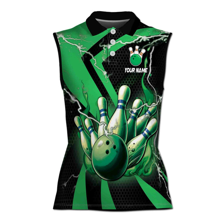 Custom Name Green Flaming Bowling Ball & Pins Women's Sleevesless Polo XS-4XL