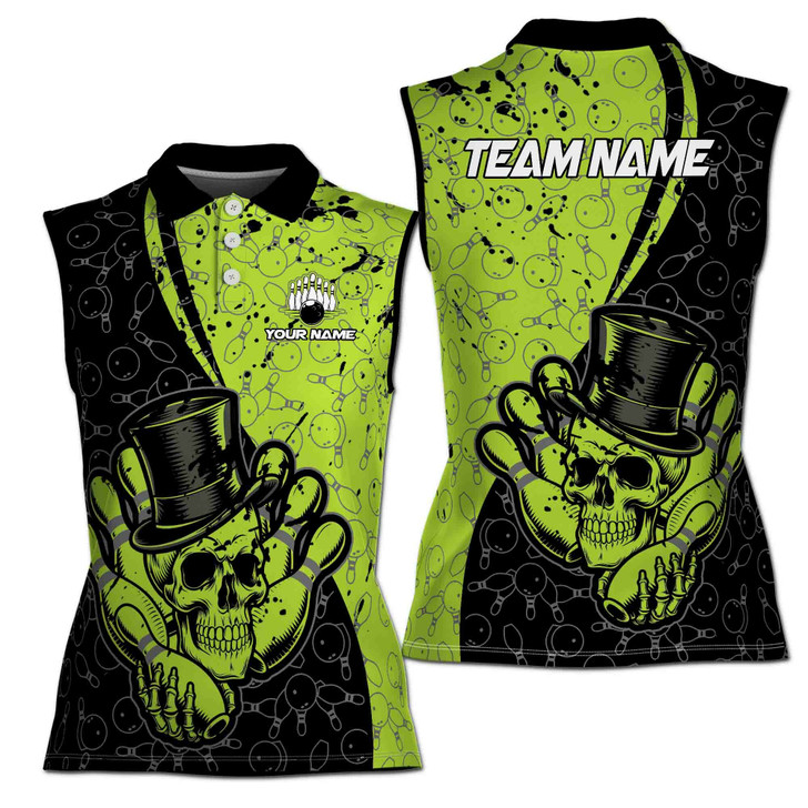 Customized Green Skull Gentlemen Bowling Pattern Women's Sleevesless Polo XS-4XL