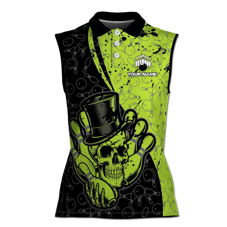 Customized Green Skull Gentlemen Bowling Pattern Women's Sleevesless Polo XS-4XL