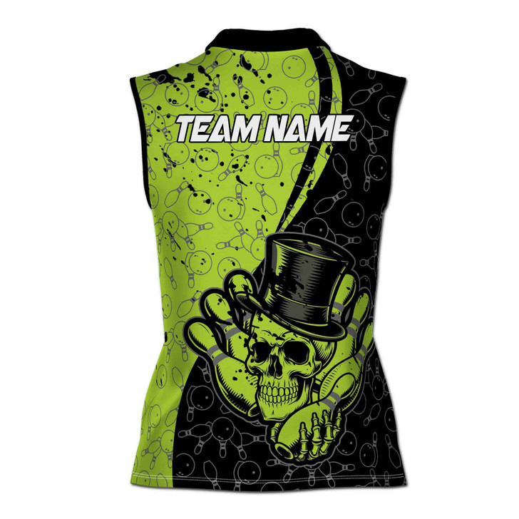 Customized Green Skull Gentlemen Bowling Pattern Women's Sleevesless Polo XS-4XL