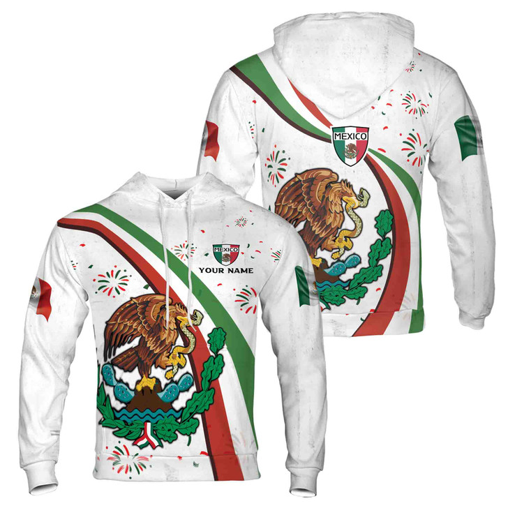 Custom Name Mexico Flag Coat of Arms Celebration Firework Hoodie S-5XL