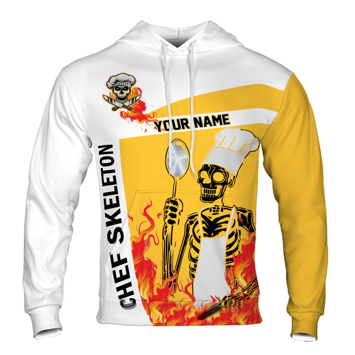 Custom Name Chef Skeleton Flaming Cooking Hoodie S-5XL