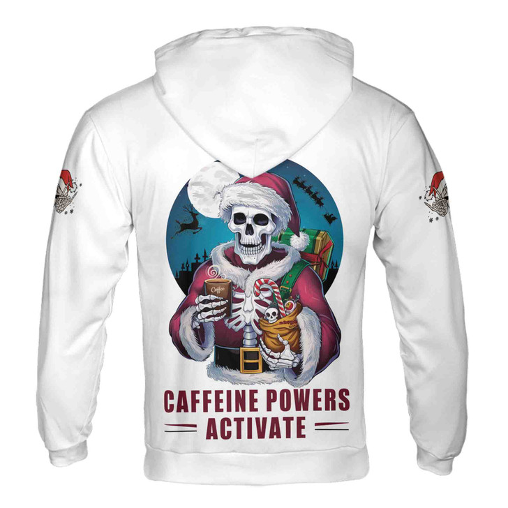 Custom Name Merry Christmas Skeleton Santa Caffeine Powers Activate Hoodie S-5XL