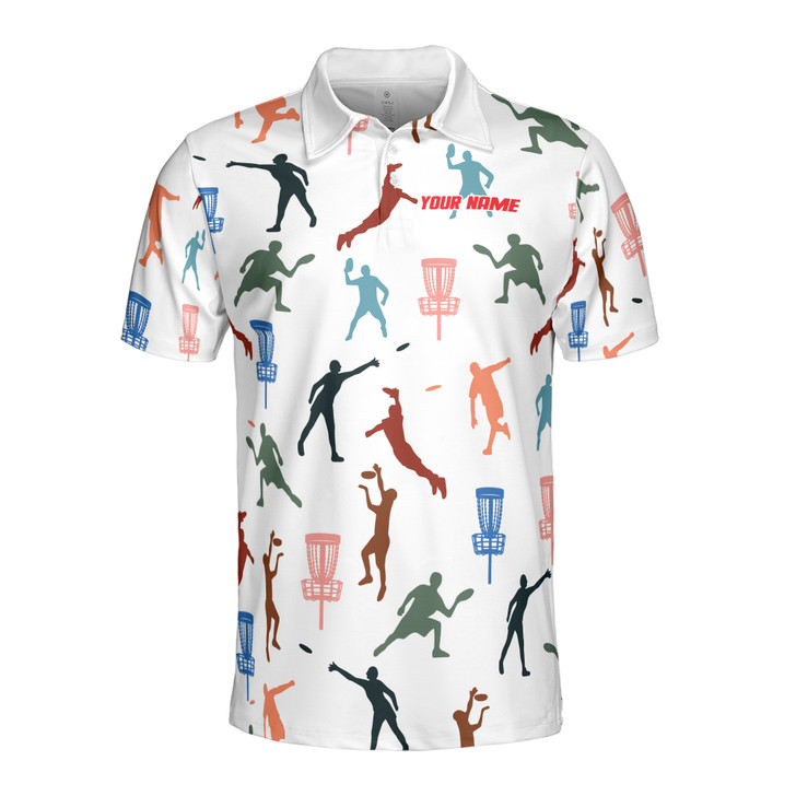Custom Name Disc Golf Multi Color Silhouette Pattern Men's Polo Shirt S-5XL