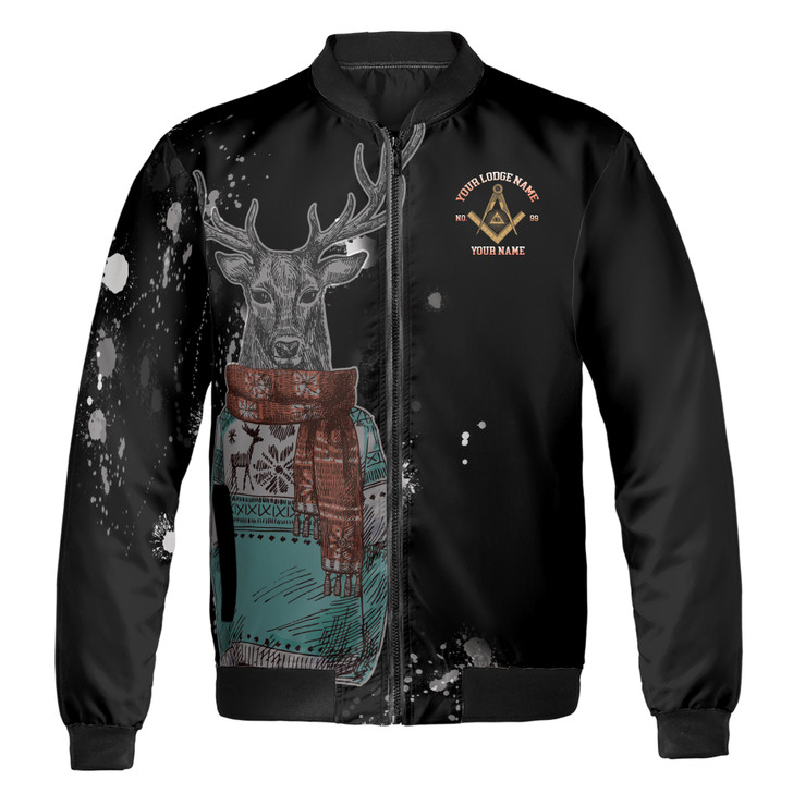 Customize Freemason Reindeer Paint Black Bomber Jacket S-5XL