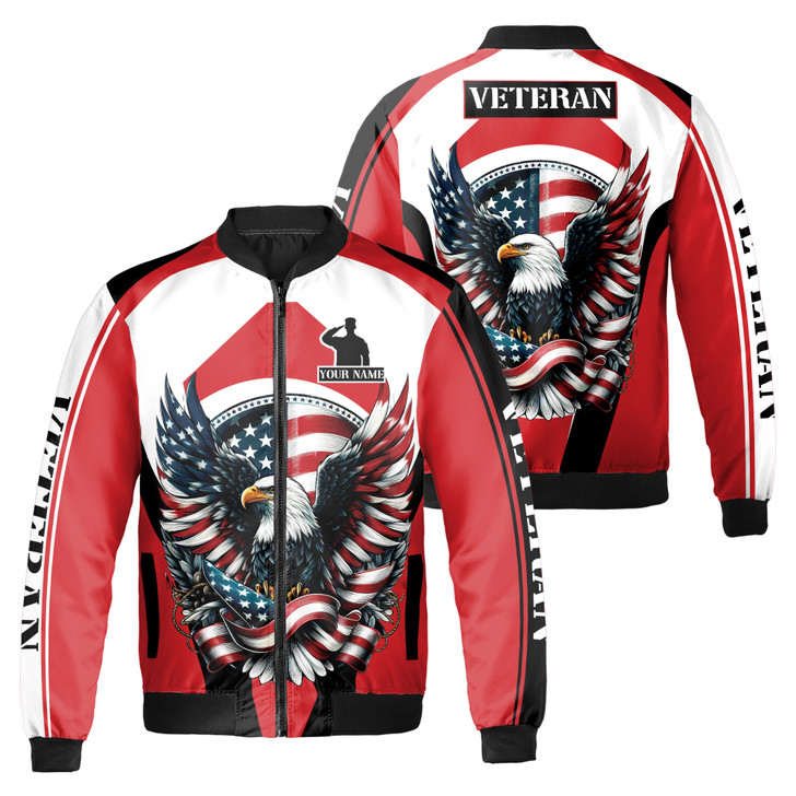 Custom Name Veteran America Flag Eagle Red Bomber Jacket S-5XL, Gift For Veteran