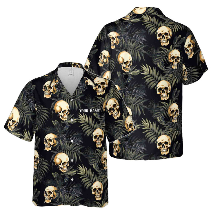 Custom Name Skull And Leaves Pattern Black Hawaiian Shirt S-5XL, Gift For Friend