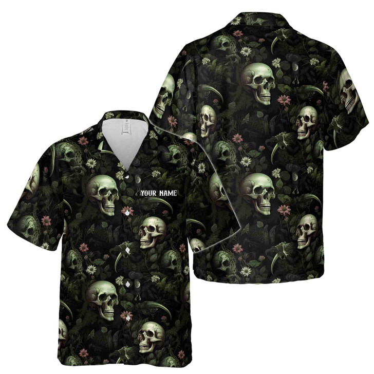 Custom Name Skull Mossy Forest Pattern Green Black Hawaiian Shirt S-5XL