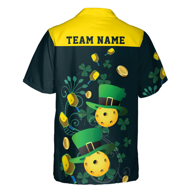 Custom Name Pickleball Four Leaf Clover Irish Cap Black Hawaiian Shirt S-5XL