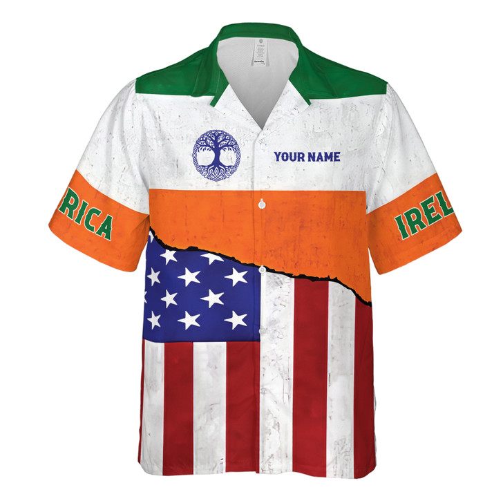 Custom Name Ireland America Flag Ancestral Tree Colorful Hawaiian Shirt S-5XL