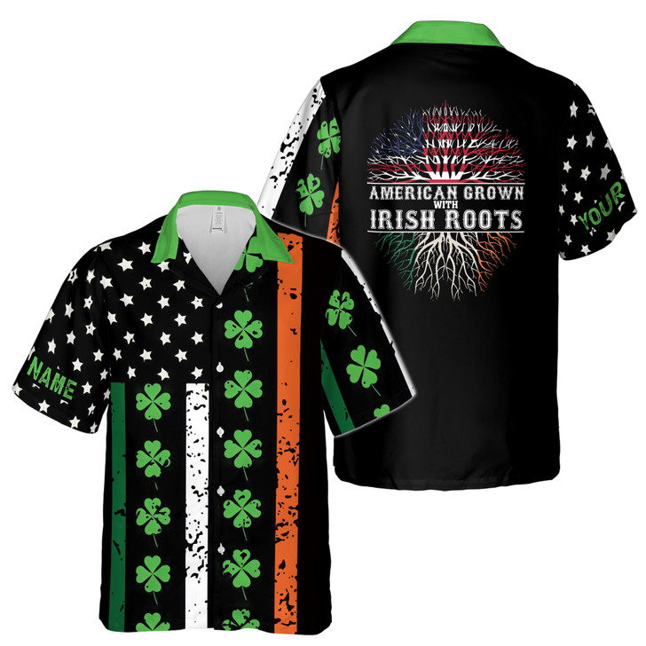 Custom Name American Grown With Irish Roots Clover Black Hawaiian Shirt S-5XL