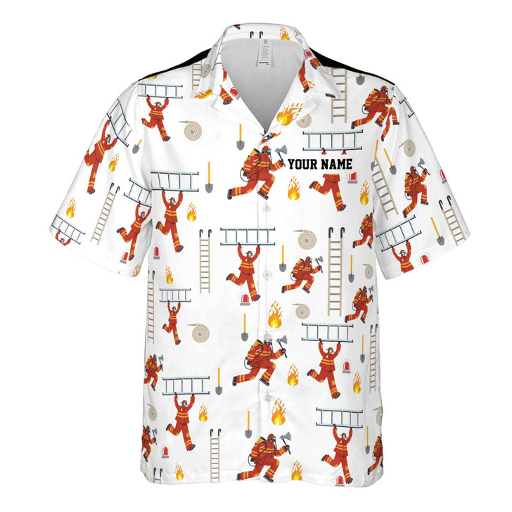 Custom Name Firefighter And Equipments Theme Pattern White Hawaiian Shirt S-5XL