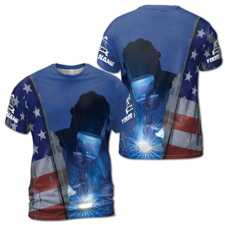 Custom Name Welder Spark Metalworking American Flag Blue 3D T-Shirt S-5XL
