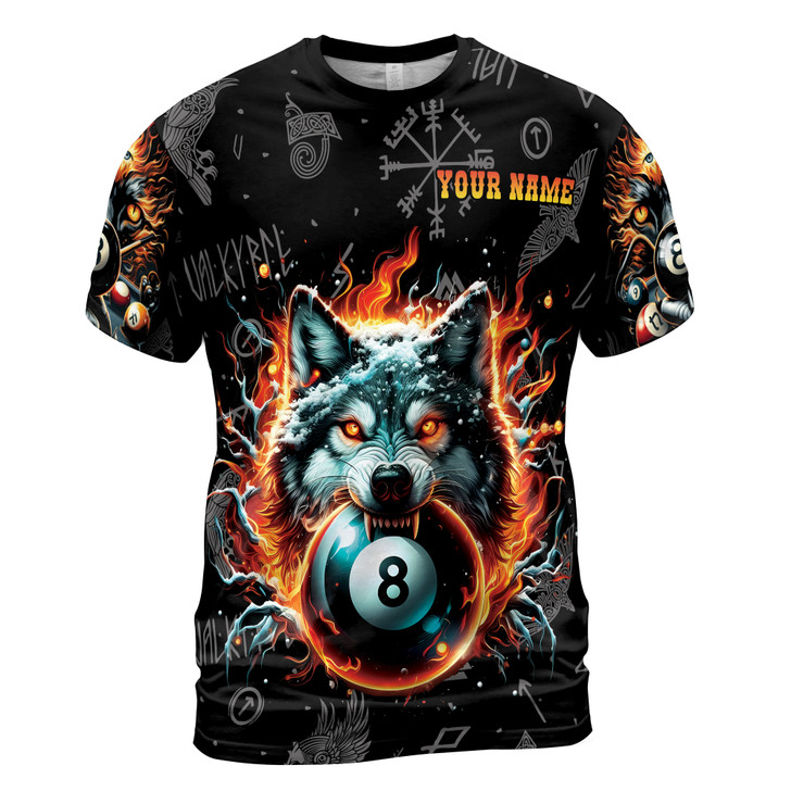 Custom Team Name Billiards Balls And Fire Wolf Wilderness Norse 3D T-Shirt S-5XL