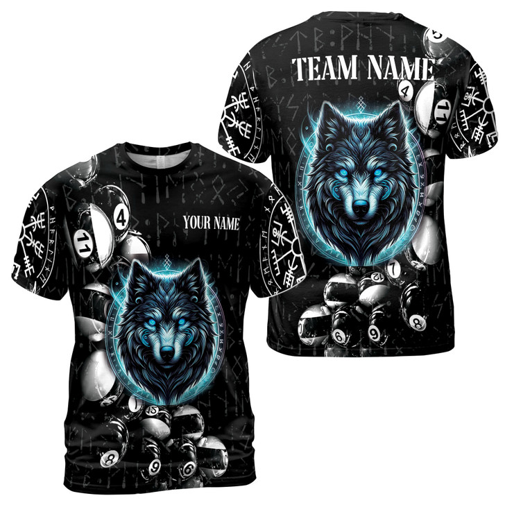 Custom Team Name Billiards Balls And Wolf Rune Circle Black 3D T-Shirt S-5XL