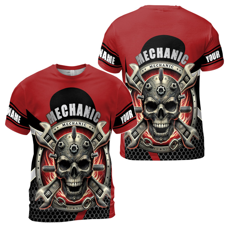 Custom Name Mechanic And Machinery Skull Screws Metal Black Red 3D T-Shirt S-5XL