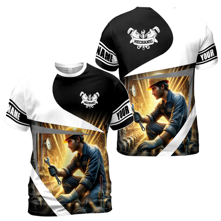 Custom Name Mechanic Working On Pipes Yellow Black White 3D T-Shirt S-5XL