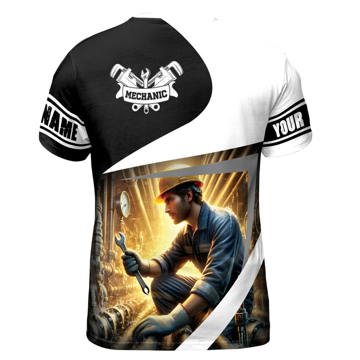 Custom Name Mechanic Working On Pipes Yellow Black White 3D T-Shirt S-5XL
