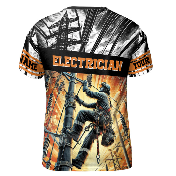 Custom Name Electrician Working Sky Black White Orange 3D T-Shirt S-5XL