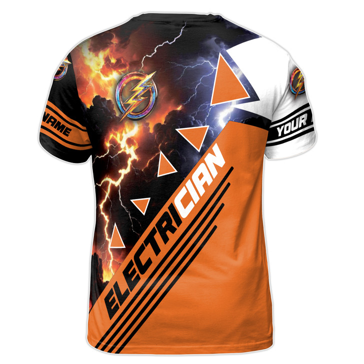 Custom Name Electrician Lightning And Thunder Orange 3D T-Shirt S-5XL