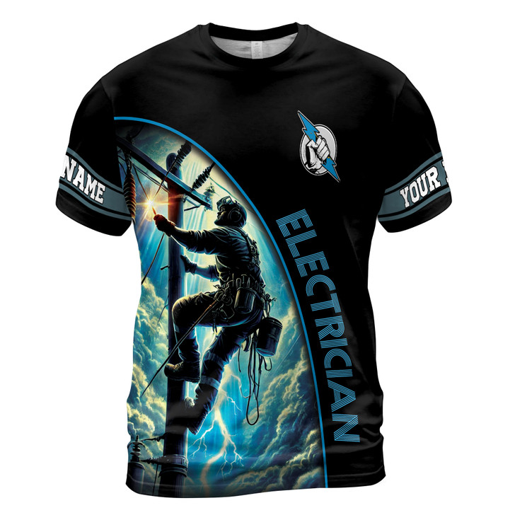 Custom Name Electrician Climbing Pole Sky Hand Lightning Black 3D T-Shirt S-5XL