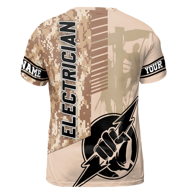 Custom Name Electrician Hand Lightning Camo Pattern 3D T-Shirt S-5XL