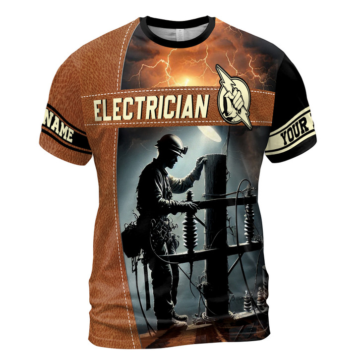 Custom Name Electrician Thunder Lightning Leather Pattern Brown 3D T-Shirt S-5XL