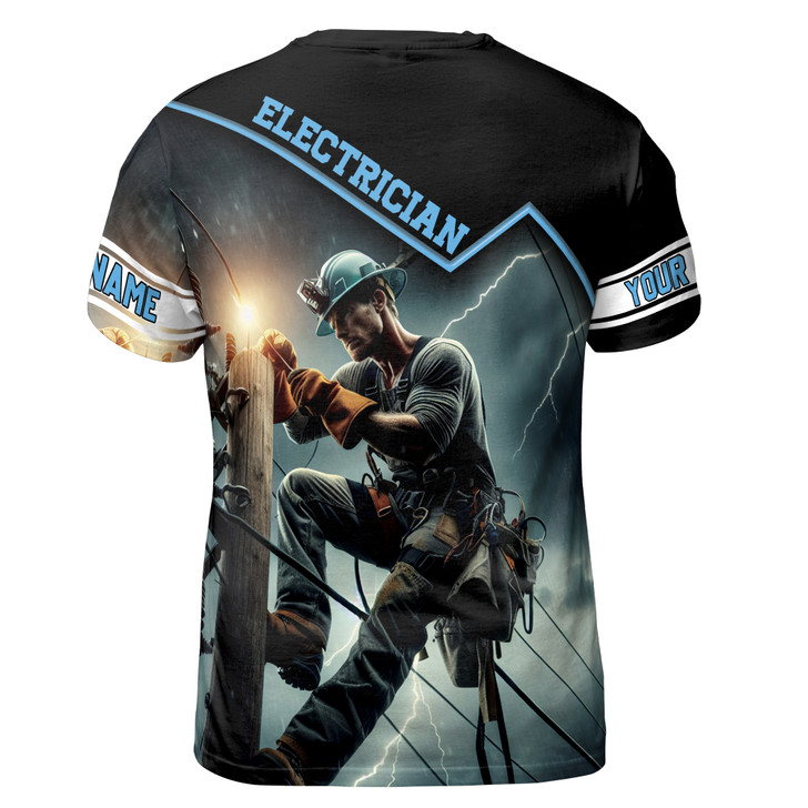 Custom Name Electrician Sky Thunder And Lightning Black 3D T-Shirt S-5XL